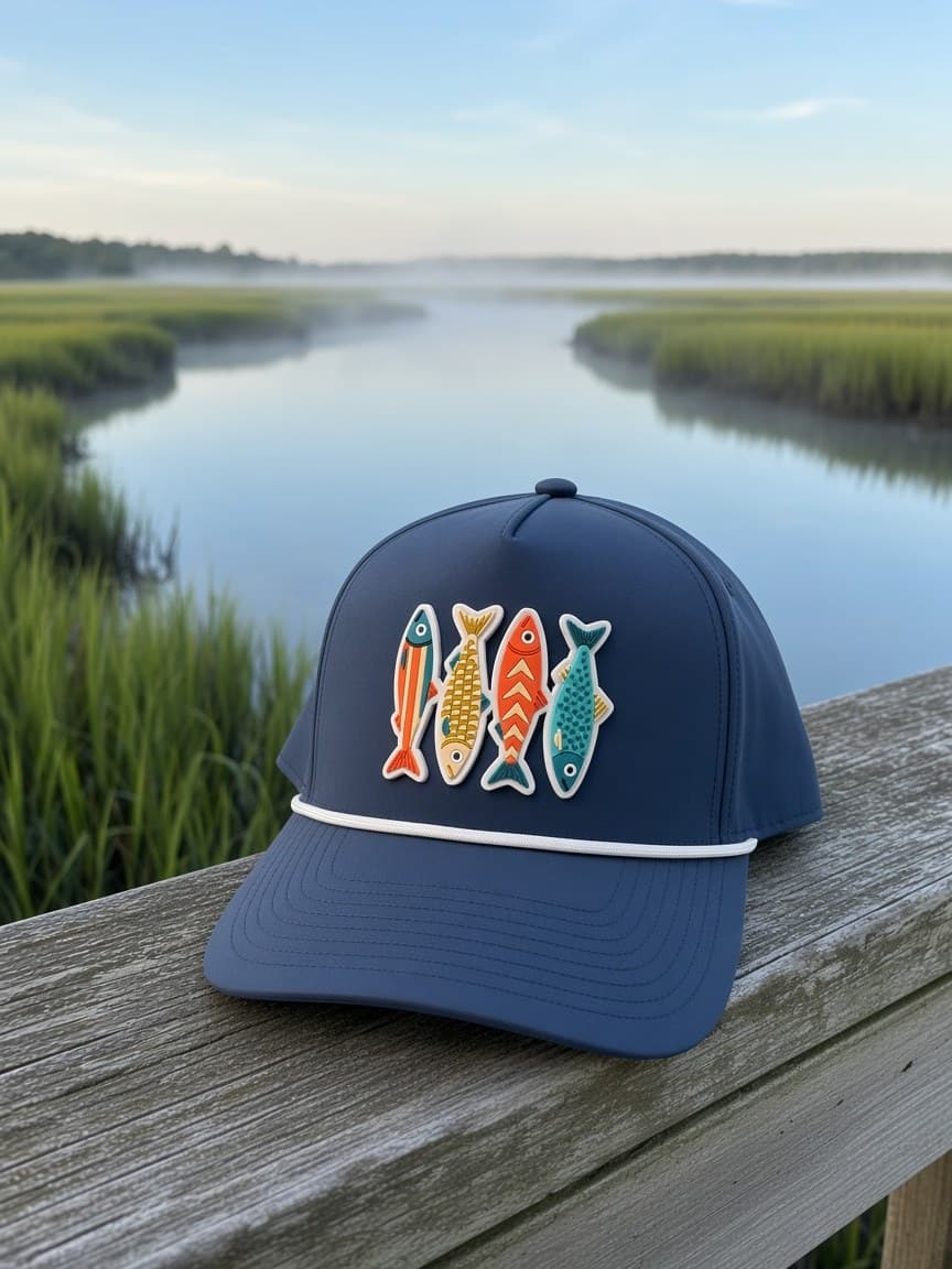 Navy rope hat with the four-fish patch on a weathered dock rail. Placeholder photo.
