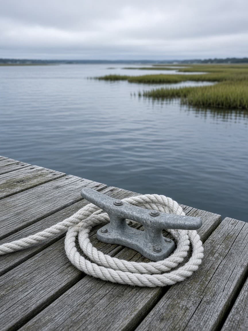 Thick rope around a metal dock cleat. Placeholder photo.