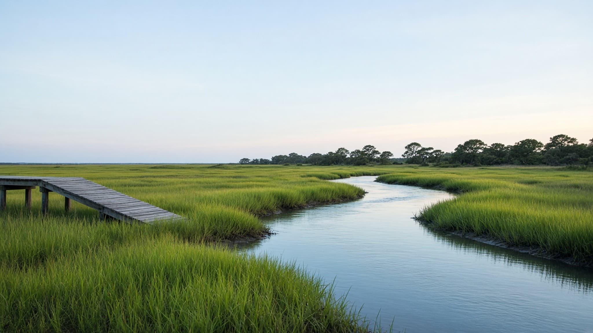 Wooden dock through green marsh grass under a pale sky. Placeholder photo.