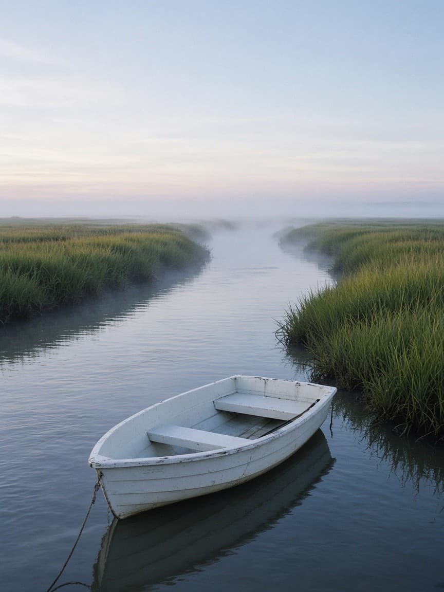 Small skiff on still water in the mist. Placeholder photo.
