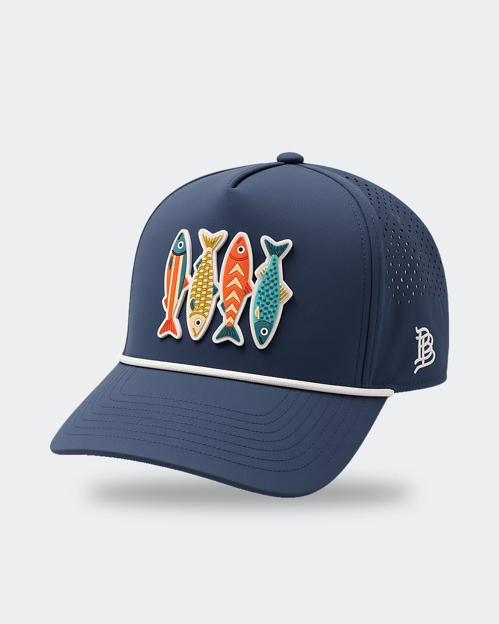 Navy rope hat with four-fish patch, front three-quarter view.