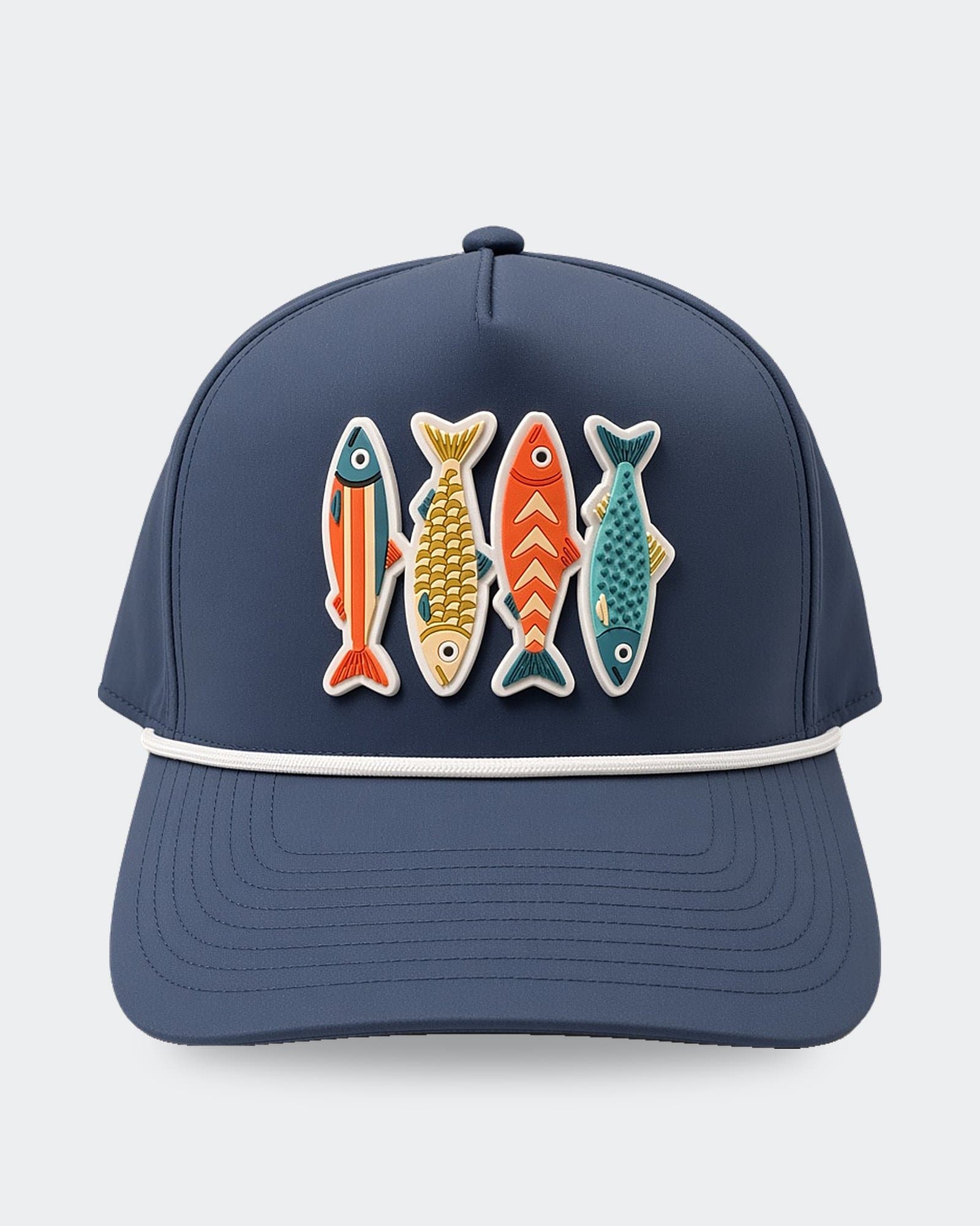 Navy rope hat with four-fish patch, straight front view.