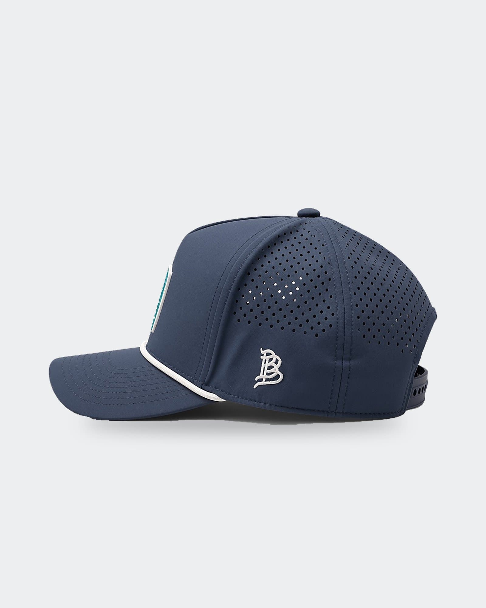 Navy rope hat with four-fish patch, side view.