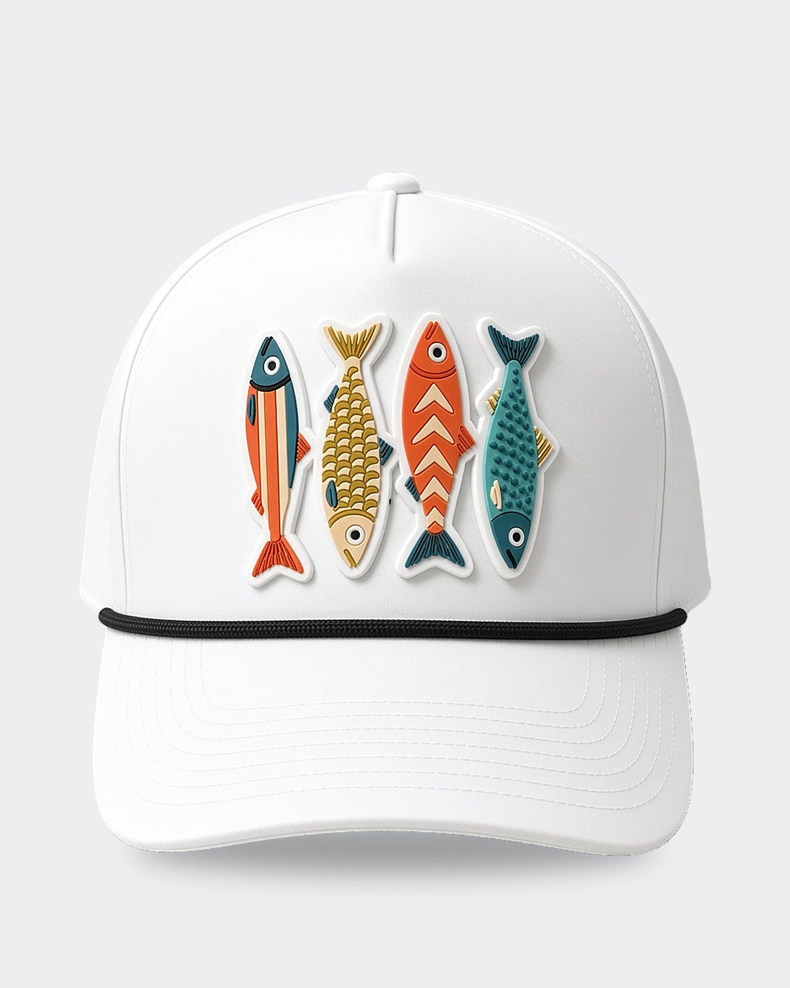 White rope hat with four-fish patch, straight front view.